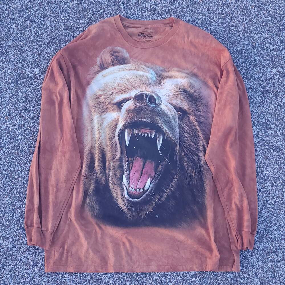 The Mountain Grizzly Growl Long Sleeve T-Shirt Brown Bear Graphic Tee Size 3XL